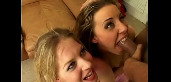  Two dirty whores Delilah Strong and Haley Scott give a guy a blowjob and swallow hot cum